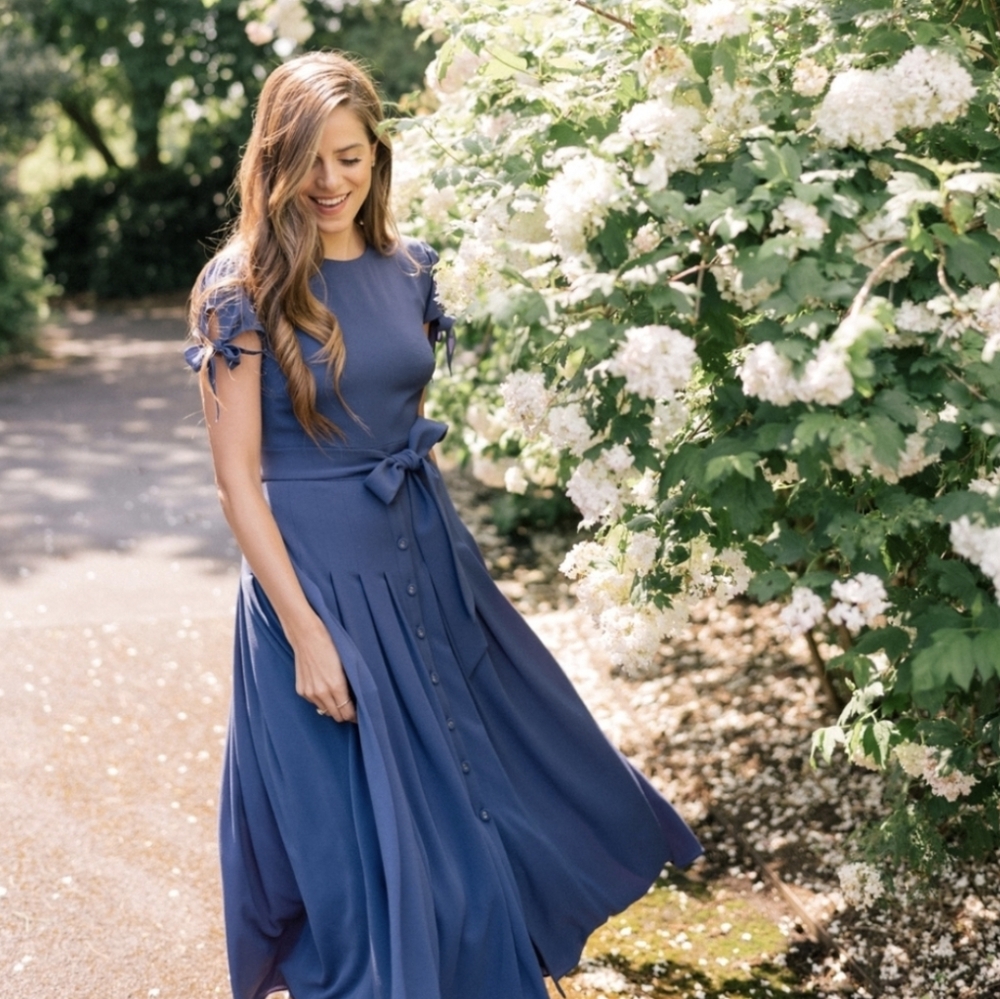 Gal Meets Glam Collection | Bette Crepe Dress Size 6 Ink Blue Retro Pockets